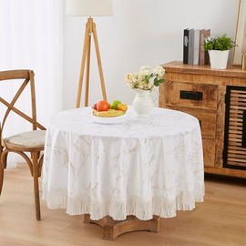 LinenZone 70 Inch Round Velvet Tablecloth for 4 to 6 People. White Round Tablecloth with Fringes is Perfect Boho Tablecloth for Boho Kitchen or Dining Table Decor. (Iris 70 Round, White)