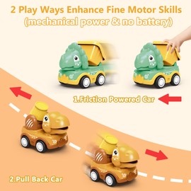 Dinosaur Cars for 2 Year Old Boys, Baby Dino Pull Back Trucks with Play Mat Storage Bag, 6 Pcs Friction Powered Construction Vehicles for Toddler, Kids Dino Truck Birthday Gift for Infant Girl Age 1-3