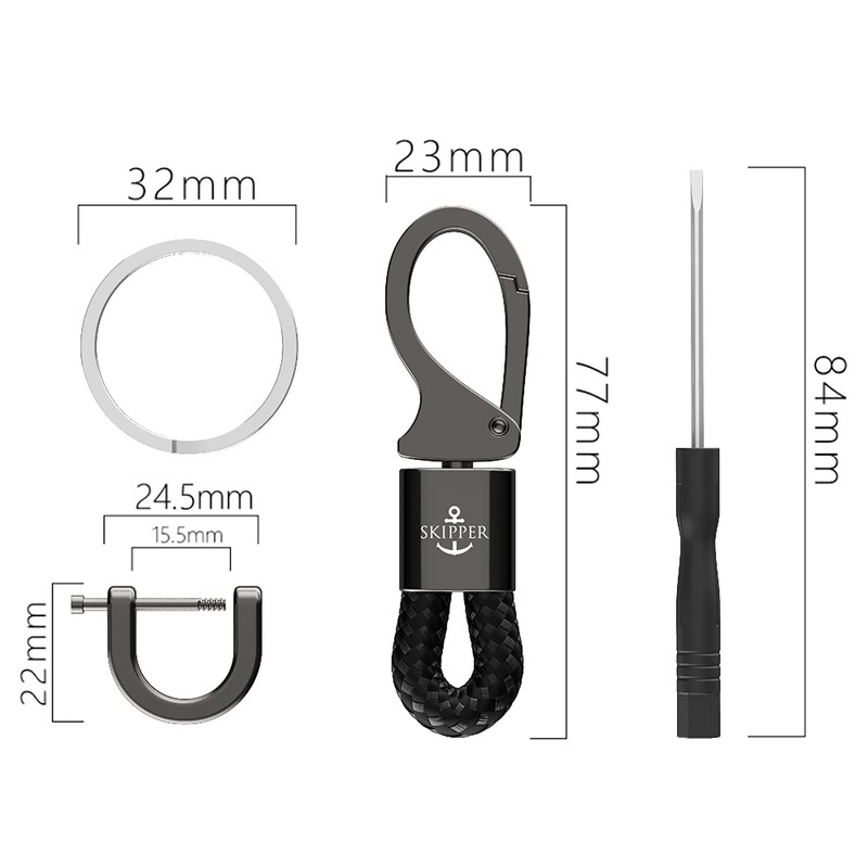 SKIPPER 8747 Keyring Carabiner with Ring and D-Clip, Leatherette stainless