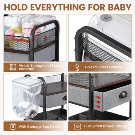 Orzbow Baby Caddy Cart Organizer, 4 Tier Baby Rolling Storage Cart with Drawer, Easy To Assemble, Detachable Infant Nursery Storage with Wheels for Bedroom, Changing Table & Crib, Gray