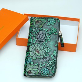 Women's Vintage Floral Embossed Leather Wallet, RFID Blocking Clutch with Coin Bag, Elegant Vintage Design Mother's Day Gift(Green)