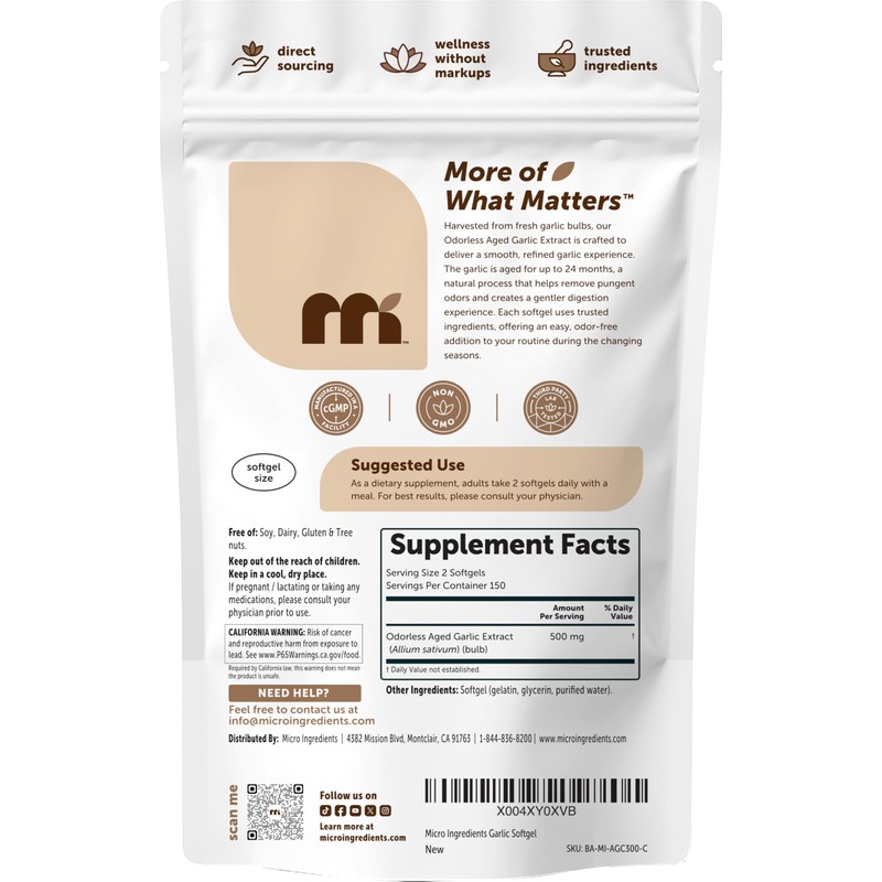 Micro Ingredients Odorless Garlic, 300 Softgels | 2 Years Aged
