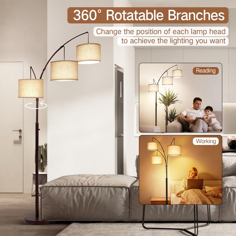 OUTON Tall Arc Floor Lamp - Adjustable, Modern, 3-Light Arched