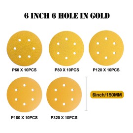 GZKTY 50Pcs 150mm Sanding Discs, 6-Hole, 60/80/120/180/320 Grit, Round Hook and Loop Sandpaper for Random Orbital Sander
