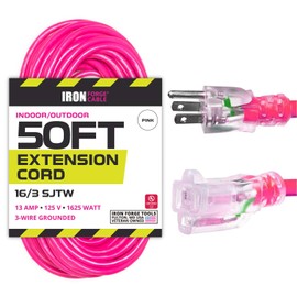 IRON FORGE CABLE 50 ft Outdoor Extension Cord 3 Prong - 16/3 SJTW Lighted Neon Pink Electrical Cable 50 Foot for Outside 13 AMP