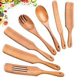 Spurtles Kitchen Tools Wooden, 7Pcs Wooden Spoons for Cooking, Natural Premium Spatula Set, Heat Resistant Cooking Utensil for Nonstick Cookware, Spurtle for Sourdough Starter