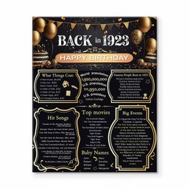 102nd Birthday Canvas Wall Art framed Print, Vintage Retro Birthday Decor with Fun Facts, Famous People and Historic Events from the Year 1923, Party Supplies, Birthday Gifts for Men Women 16X20 inch