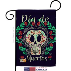 Dia de Muertos Skeleton Garden Flag Set Wood Dowel Falltime Day of Dead Los Fiesta Mexican Party Autumntime Small Decorative Gift Yard House Banner Made In USA 13 X 18.5