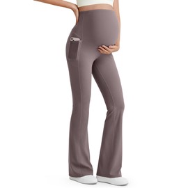 G4Free Pregnancy Pants Flare Over The Bump Maternity Flare Leggings with Pockets Work Casual Yoga Bootcut Lounge Pants (Taupe,M,29")