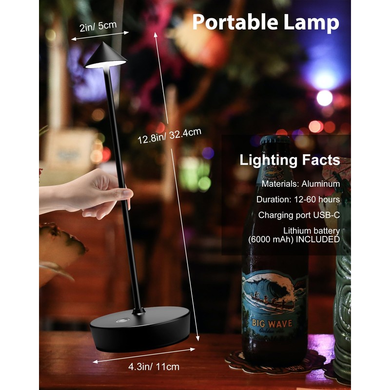 SHANGCAI Cordless Table Lamps Rechargeable, 6000mAh Battery Operated LED Desk