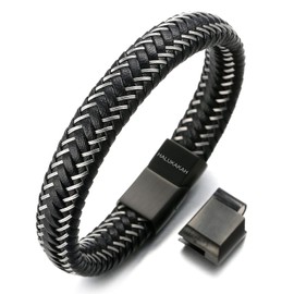 HALUKAKAH Plus ● Jazz ● Men's Genuine Leather Bracelet Titanium Magnetic Clasp Size Adjustable 8.5"-9"(21.5-23cm) with Free Giftbox (Gun Black)