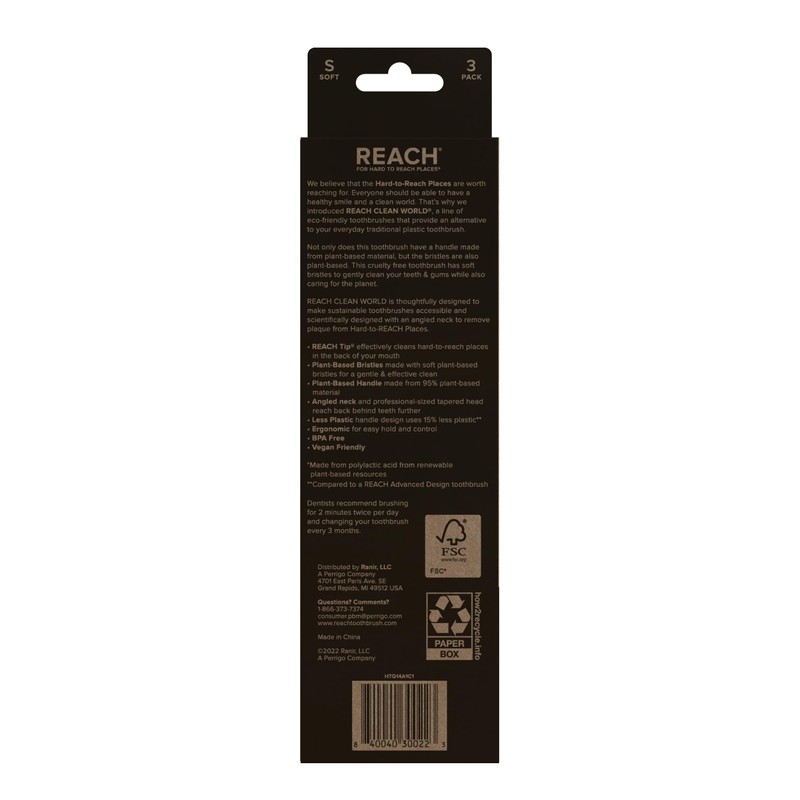 Reach Clean World Plant-Based Toothbrush, Soft Bristles, Vegan Friendly, Recyclable