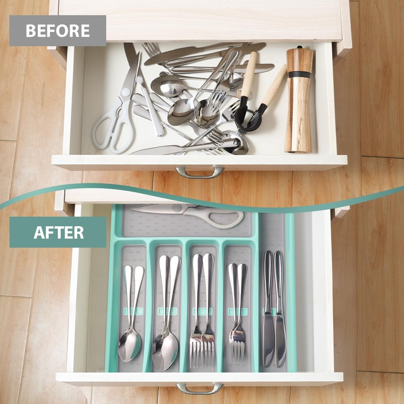 Joequality Silverware Organizer with Icons, Plastic Cutlery Tray for Drawer,