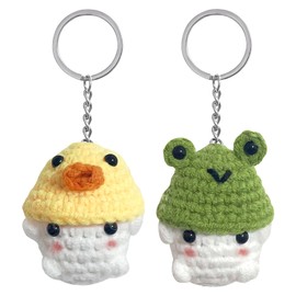 Rimvoe 2PCS Cute Crochet Mushroom Keychain, Mushroom Wear Duck/Frog Hat, Handmade Kawaii Animal Key Chain for Backpack