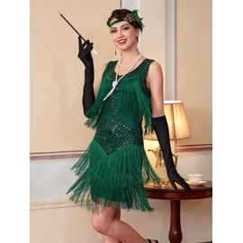 RRYIO 1920s Flapper Dresses for Women,Lace V Neck Great Gatsby Dresses Fringed Roaring 20s Dresses, Green, 3X-Large