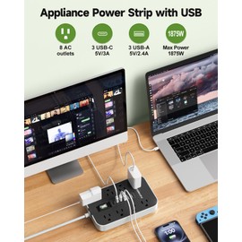 Appliance Power Strip- 14 Guage Heavy Duty Extension Cord, 24in, 8 AC Outlet& 6 USB Ports 4.8A USB Charging Station, 1080J, High Wattage for Microwave, Conditioner, Kitchen, Garage Essentials.