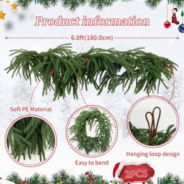 2 Pcs 6 Ft Christmas Artificial Norfolk Pine Garlands, Real Touch Winter Pine Garland, Green Artificial Greenery Garland for Mantle, Table, Wall, Fireplace, Indoor &Outdoor Holiday Decorations