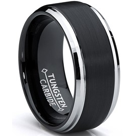 9MM Black Two Tone Tungsten Carbide Men's Brushed Wedding Band Ring, Comfort Fit Size 9