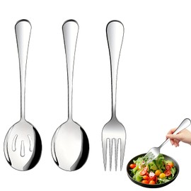 Serving Spoons and Fork Set, 3 Pcs Stainless Steel Serving Utensils Large Serving Spoons Slotted Spoon and Serving Fork for Buffet, Party, Banquet and Family Gatherings ﻿