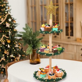 Gerrii 23.6 Inch Christmas Tree Tiered Tray Decoration Christmas Tree Wooden Holder Xmas Tray Decorations Set Include Garland LED Light Golden Star for Holiday Display Light up Tabletop Xmas Tree Tray