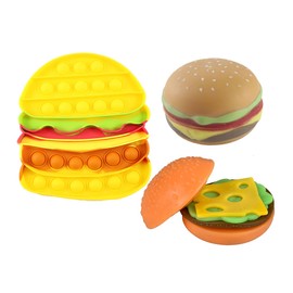 Set of 3 Different Hamburger Fidgets - Stretchy and Squishy Burger Stress Ball - Doh Filled Buns and Stretchy Toppings Bubble Popper Fidget Toy Novelty Desk