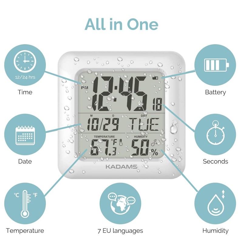 KADAMS Bathroom Clock 9.5" Kitchen Wall Clock with Large LCD