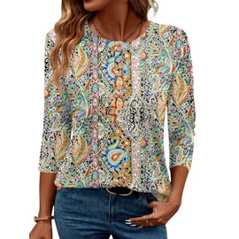 LOMON 3/4 Length Sleeve Womens Tops Round Neck Tunic Shirts Dressy Casual Button Blouse Trendy 2025 Summer(Boho Print,L)