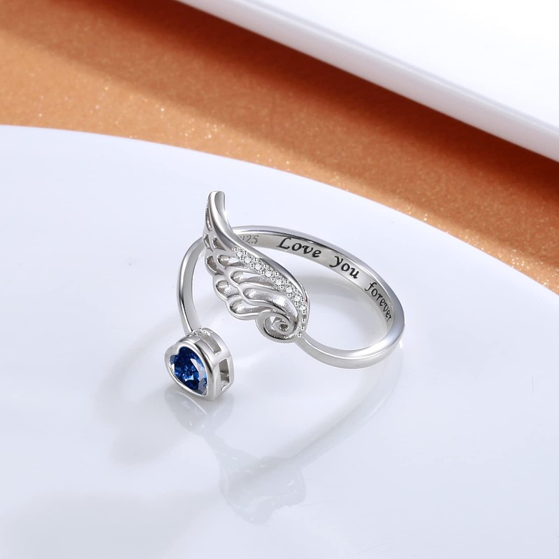 Birthstone Wing Rings Sterling Silver Adjustable Feather Heart Month Stone