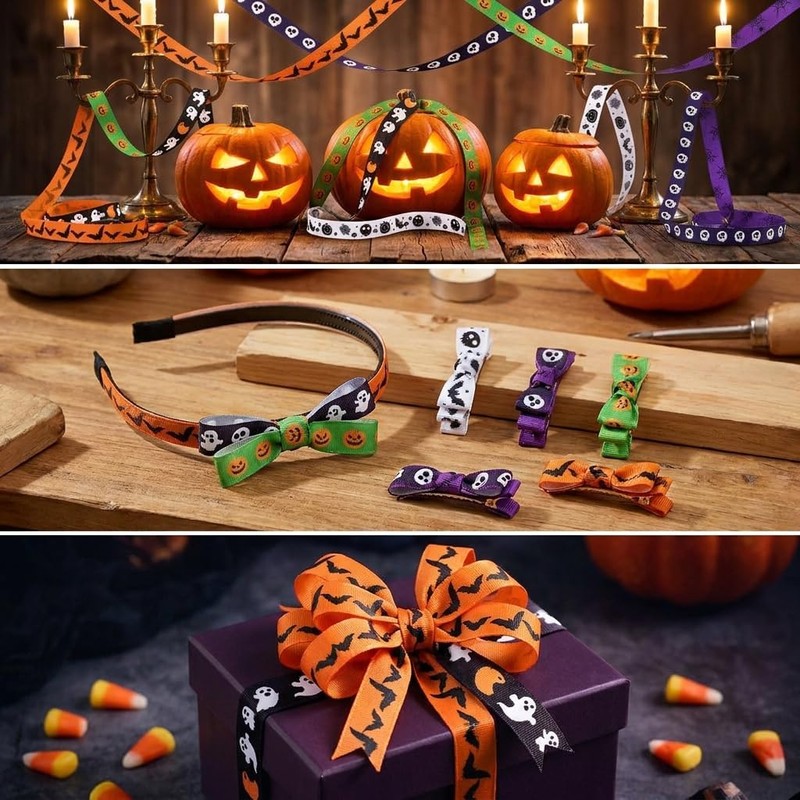 6 Rolls 36 Yards Halloween Ribbons Spider Ghost Web Pattern