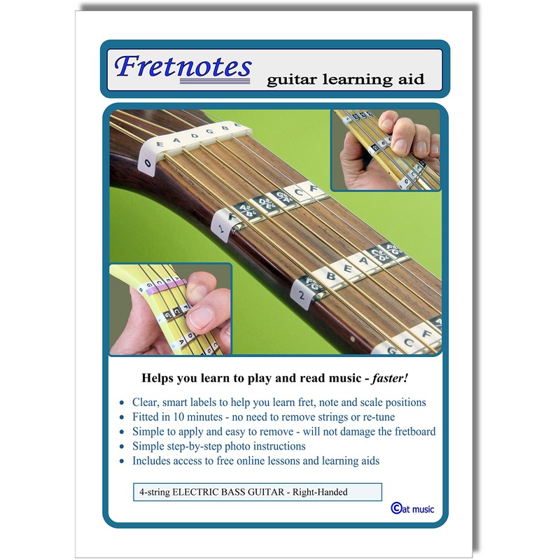 FRETNOTE Stickers for Bass Guitar - 4-string RH Fretboard Notes
