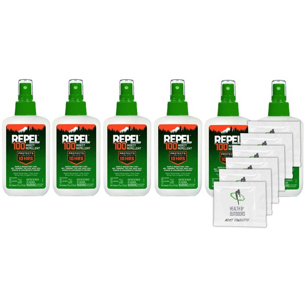 Repel 100 Insect Repellent 4-Ounce Pump Spray (6 Pack W/ 6 HAO Wipes)