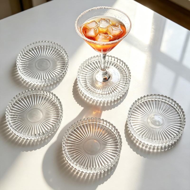 Glass Coasters for Drinks Set of 5 with Holder