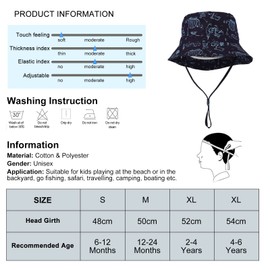 JUPSK Kids Sun Hat, Unisex Bucket Hat Boys Beach Hat with Adjustable Chin Strap Wide Brim Dinosaur Pattern Summer Cap for Boys Girls Child Summer Play Navy Blue