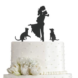 JIEEIN Decoración para tarta de boda, diseño de novia con flores, además de mascota, gato y perro, decoración para tartas