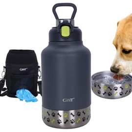 GiNT - Botella de agua aislada de acero inoxidable para perros y seres humanos | Dispensador de viaje a prueba de fugas con tazón desmontable de 10 onzas, 24 horas frío/12 horas caliente, funda de