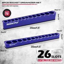 2-Piece 1/4"-Drive SAE Magnetic Socket Organizer Set (Holds 26 Sockets) - Detachable Tool Tray with 5mm Magnetic Base, Screw-Fixed Design & Heavy-Duty Modular Storage for Garage/Home Workshop