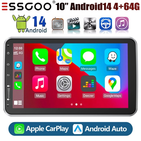 ESSGOO 10" Rotatable 1Din Car Stereo 4+64G Wireless Carplay Android