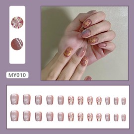 Vezocim Press on Nails Short Square-24Pcs Glossy Full Cover Acrylic Cat Eyes False Nails with Designs Artificial Extra Short Square Fake Nails with Glue Stick on Fingernails for Women Girls