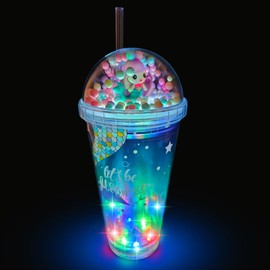 Glow Party Cups for Kids Light Up Tumbler Magic Cup with LED Glow in the Dark Water Drinking Bottle 16oz with Lid and Straw (Lilac Mermaid)