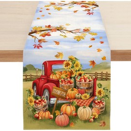 Fall Thanksgiving Table Runner Home Kitchen Dining Red Truck Pumpkins Sunflowers Maple Leaves Autumn Harvest Vintage Table Flag for Indoor Outdoor Decor 13 x 72 Inch