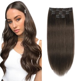 XDhair Clip-In Real Hair Extensions, 120 g, 50 cm, Medium Brown, Remy Clip-In Extensions, Real Hair, Natural Hair, 6 Pieces (#4-20 Inches)