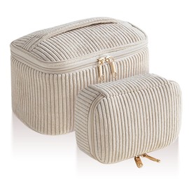 Kytpyi Cosmetic Bag Set, Cosmetic Bag Travel, 2 Pieces Stylish Corduroy Makeup Bag Large with Compartments for Toiletries, Portable Soft Toiletry Bag Women for Dating, Party, Travel (Pink Dot), Khaki