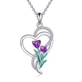 AXOMY Tulip Necklace 925 Sterling Silver Heart Purple Tulip Flower Pendant Necklace Tulip Jewelry Gifts for Women Mother Tulip Lover