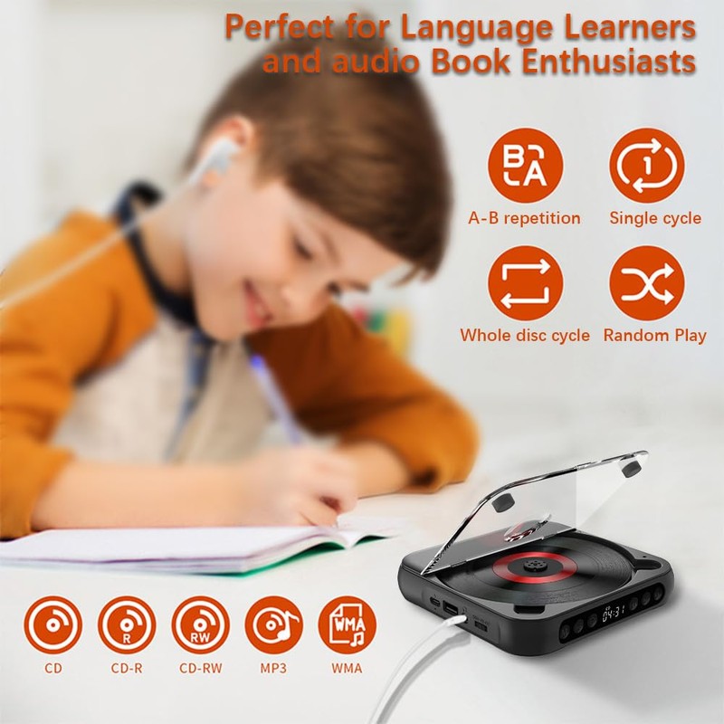 SHUAIGUO CD Player Portable BT Music Player CD Runner with