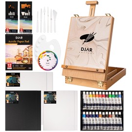 DJAR 50 pcs Acrylic Painting Set, Includes Desktop Easel, Acrylic Paint, Canvas, Sketchbook, Painting Pads, 24 Color Paint Set for Adults, Artists, Beginners