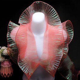 7Yards Ruffled Lace Fabric for Fashion Designers, Ideal for DIY Clothing and Sewing Decoration, Includes Silk, Organza Ribbon, Iridescent Ribbon, and Fabric Trim (Iridescent Red)