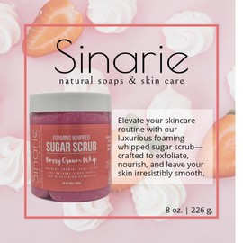 Sinarie Foaming Whipped Sugar Scrub – 8 oz | Gentle Exfoliant with Mango Butter & Coconut Oil for Smooth, Glowing Skin (8 oz., Berry Cream Whip)