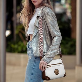 Dasein Shoulder Bag for Women Trendy Multi Pocket Shoulder Bag Medium Handbag with Guitar Strap, Cream with Brown