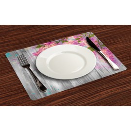 Lunarable Flower Place Mats Set of 4, Floral Watercolor Style Effect Branches of Lilac Bloom on Wooden Background Print, Washable Fabric Placemats for Dining Table, Standard Size, Grey Pink