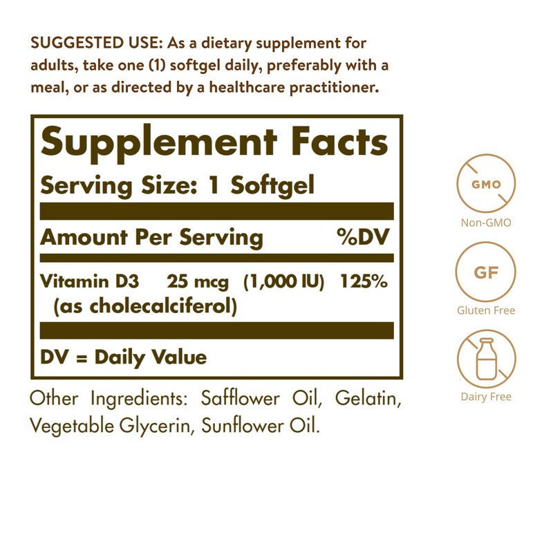 Solgar Vitamin D3 (Cholecalciferol) 25 MCG (1000 IU), 250 Softgels